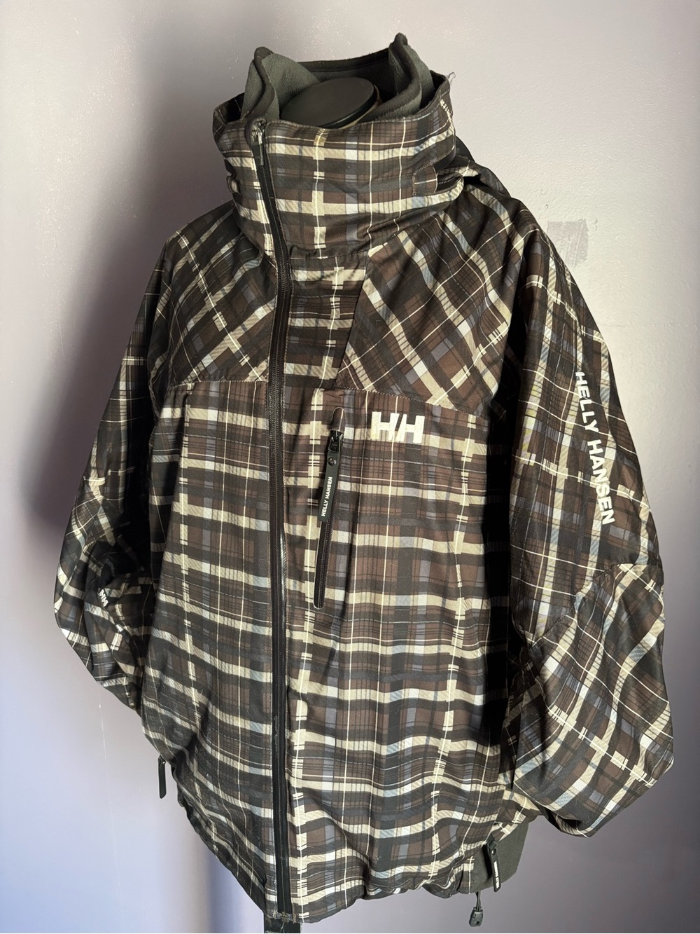 Helly Hansen Brown Plaid Ski Jacket with High Collar